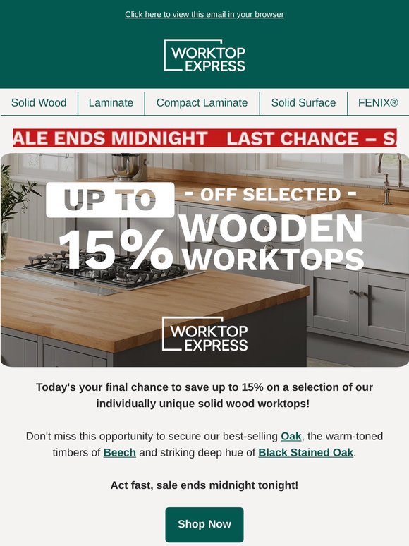 Don't Miss Your Chance To Save Up To 15% On Selected Wooden Worktops 😯