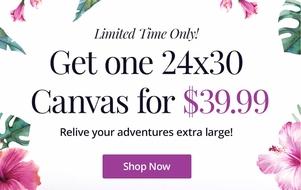 Limited time only! Get one 24x30 canvas for $39.99! Relive your adventures extra large! Shop Now