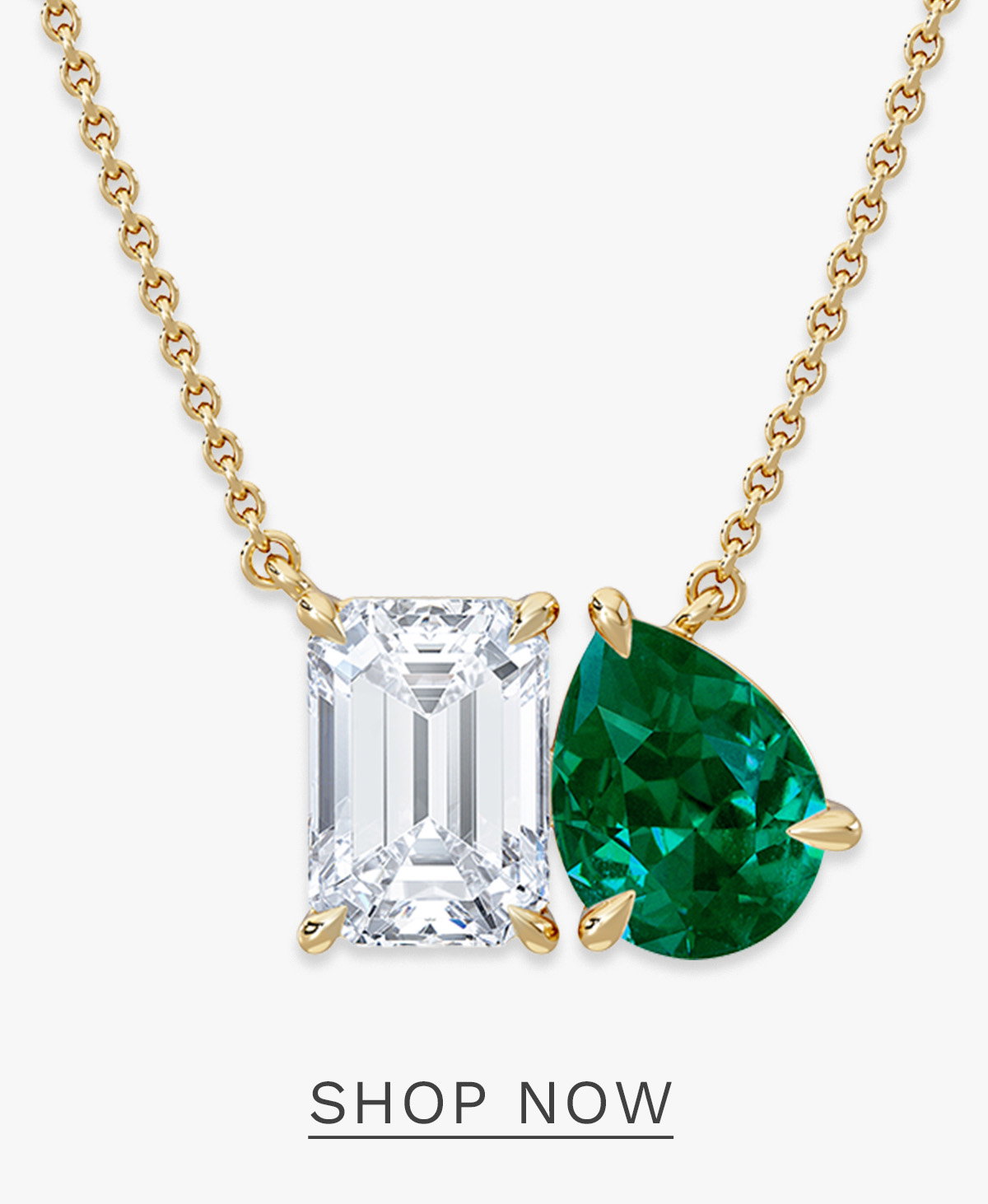 Toi Et Moi 1.50ct Emerald Cut Lab Diamond and 1.30ct Pear Lab Emerald Necklace in 18K Yellow Gold