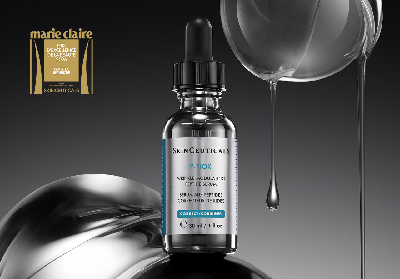 30ml P-TIOX Serum vor schwarzem Hintergrund mit Marie Claire Auszeichnung