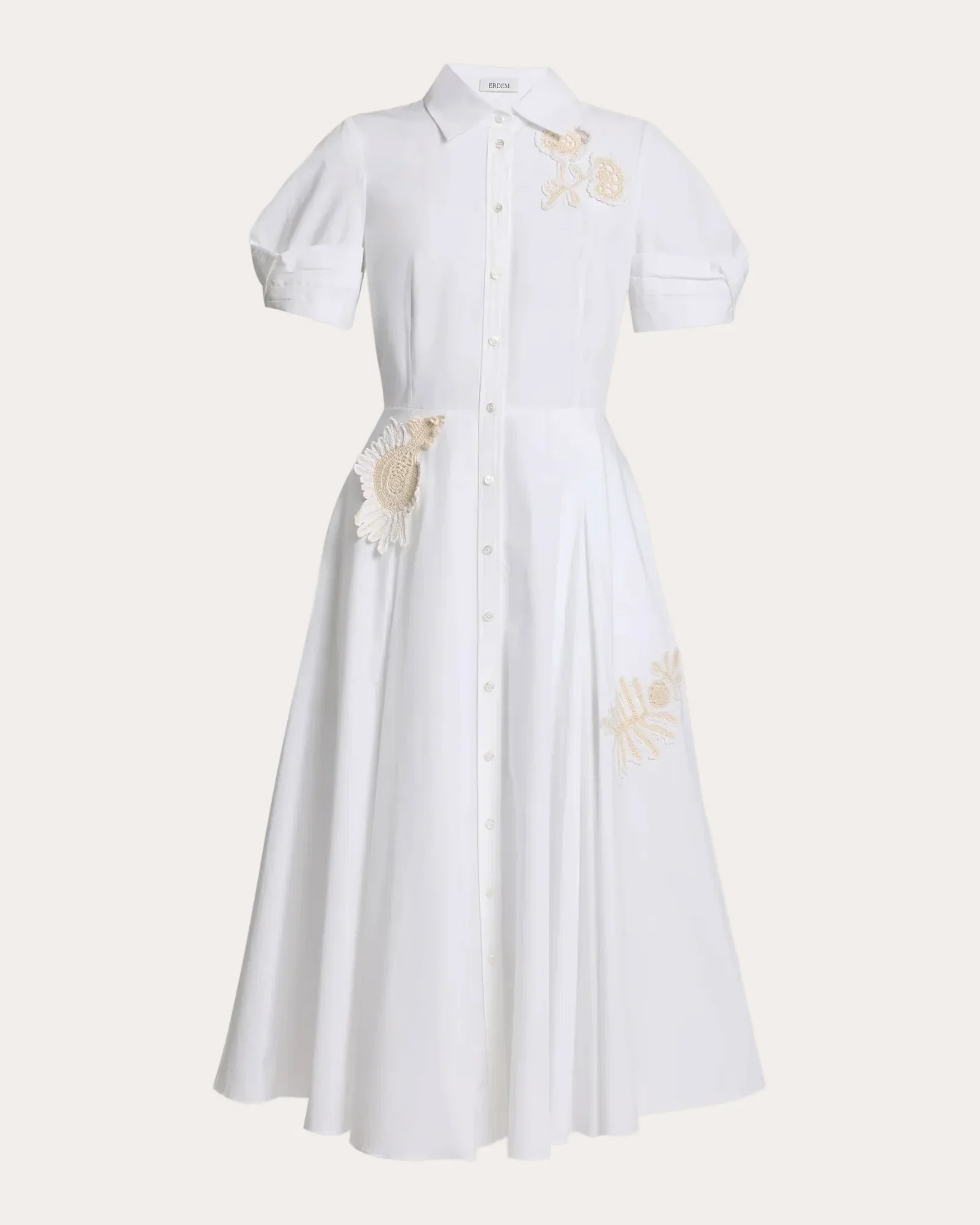 Floral Appliqué Cotton Midi Shirt Dress