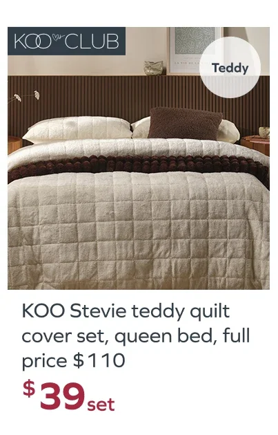 KOO Stevie teddy quilt cover set, queen bed, full price $110, $39set