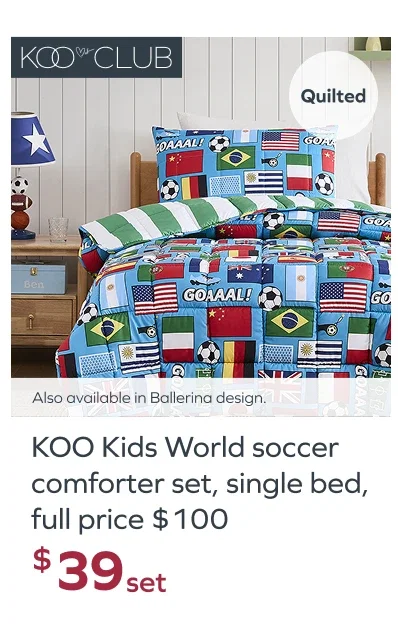 KOO Kids World soccer comforter set, single bed, full price $100, $39set