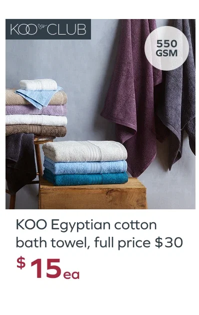 KOO Egyptian cotton bath towel, full price $30, $15ea