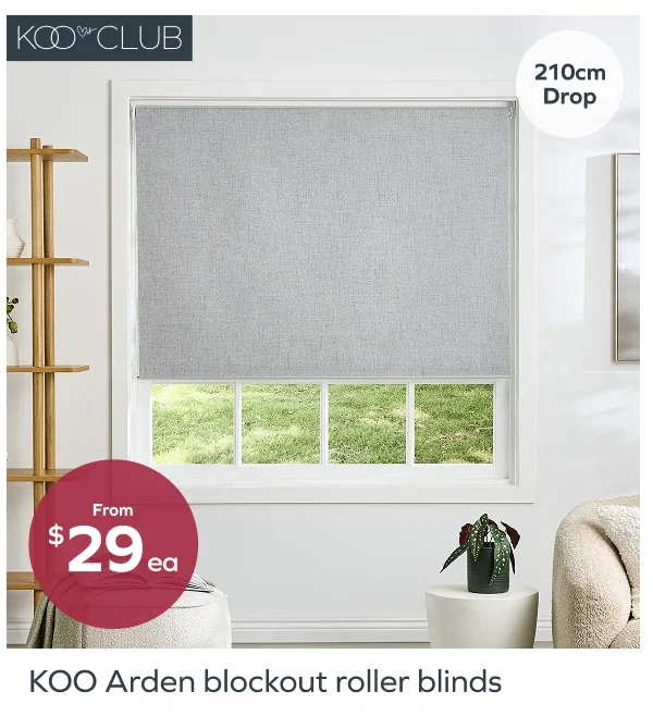 KOO Arden blockout roller blinds, from $29ea