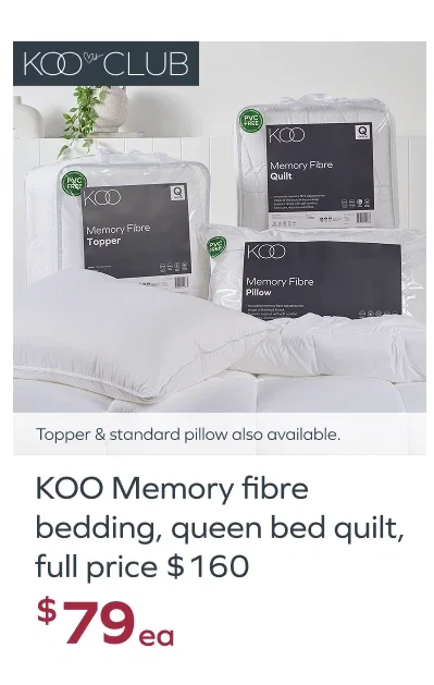 KOO Memory fibre bedding, queen bed quilt, full price $160, $79set