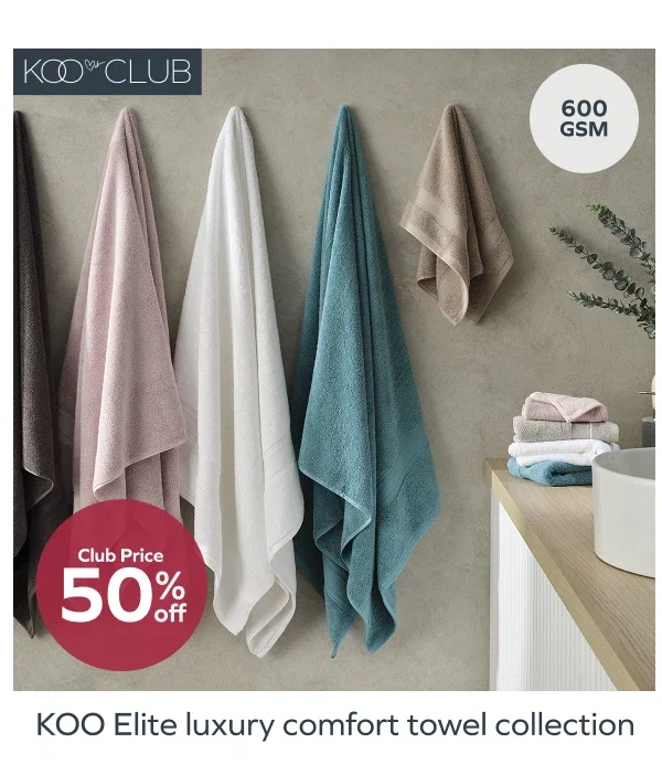 Club price 50% off KOO Elite luxury comfort towel collection