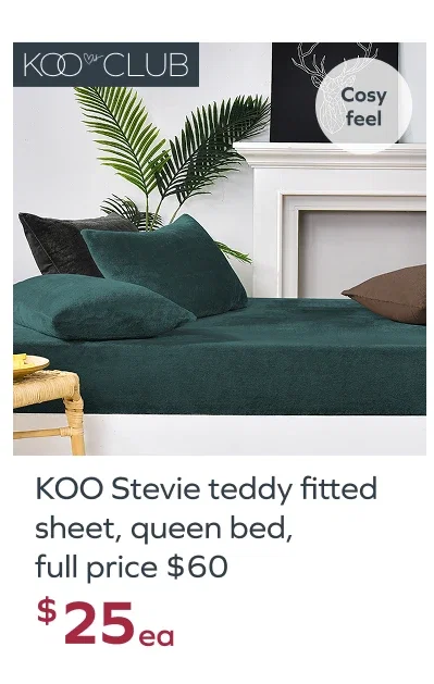 KOO Stevie teddy fitted sheet, queen bed, full price $60, $25ea