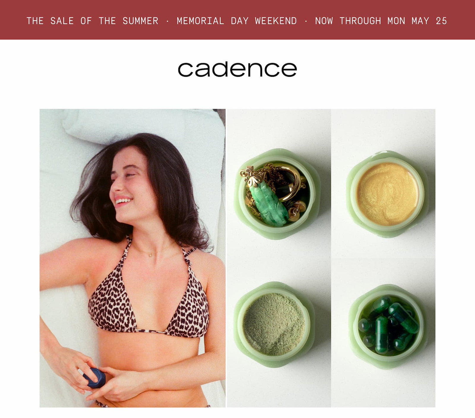 Click to shop the Cadence Memorial Day Weekend Sale. Cadence logo and image of model using Cadence.