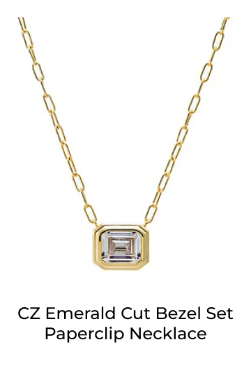 CZ Emerald Cut Bezel Set Paperclip Necklace