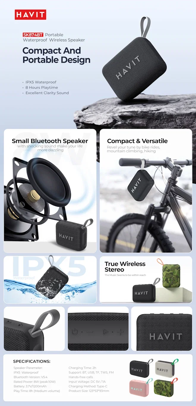 HAVIT SK874BT Portable Waterproof Wireless Speaker - Black
