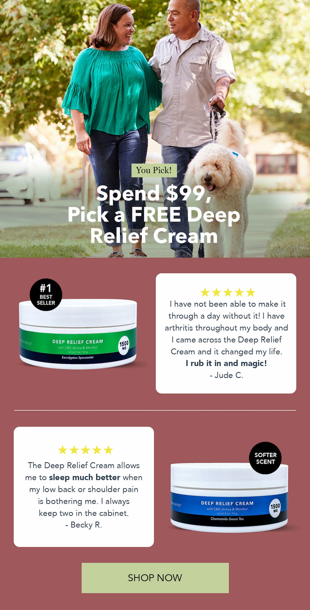 Pick a FREE 1500mg Relief Cream ($84.49 value) with any $99 Spend