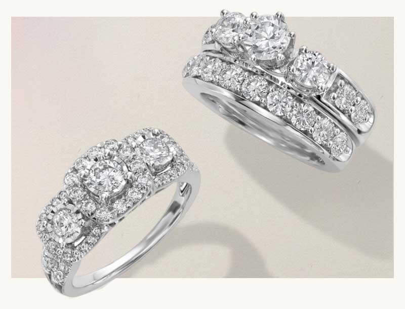 Two diamond rings with diamonds along the bands, both emphasizing a 