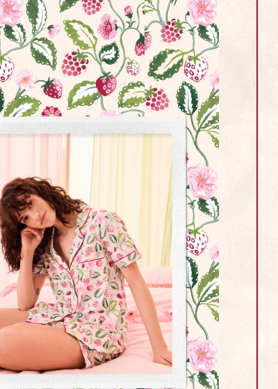 Cath Kidston Ecru Button Through Raspberry Print Shorts Pyjamas Set
