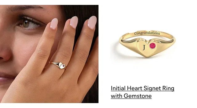 Initial Heart Signet Ring with Gemstone