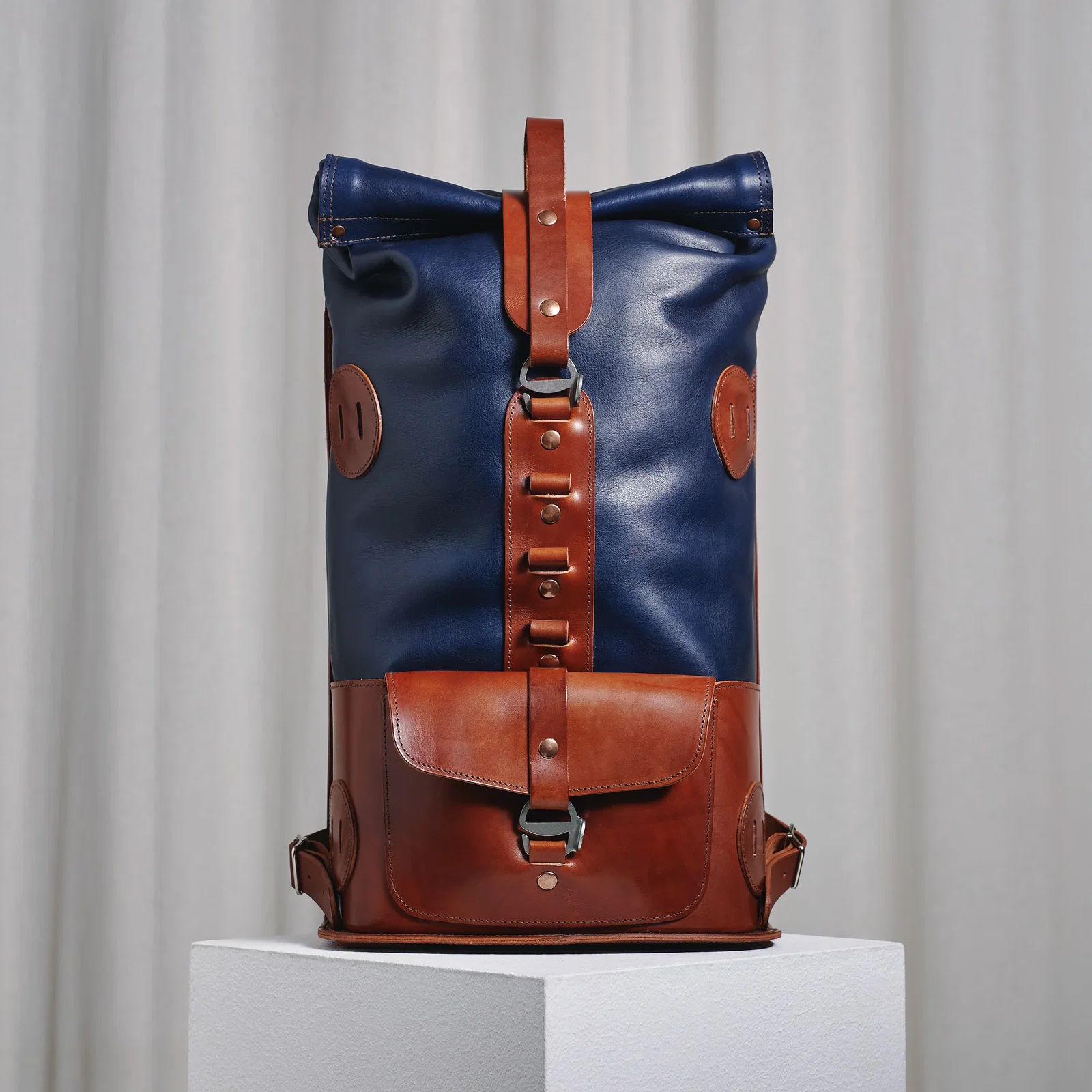 Image of Pre-order – S.05 Fold Top – Navy & Brown Leather Backpack