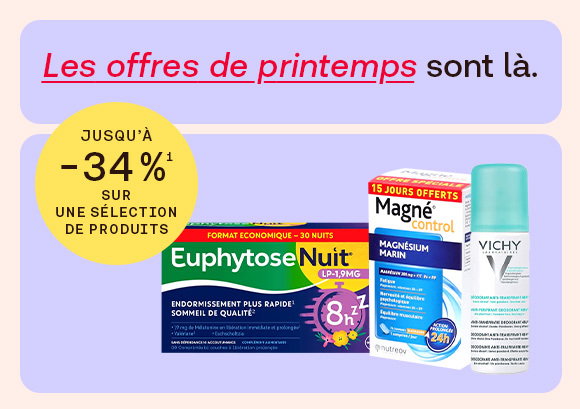Les offres de printemps sont arrivees avec jusqu’a 34 % de reduction sur une selection de produits. Decouvrez Euphytose Nuit, Magne Control et les soins Vichy pour votre bien-etre au quotidien.