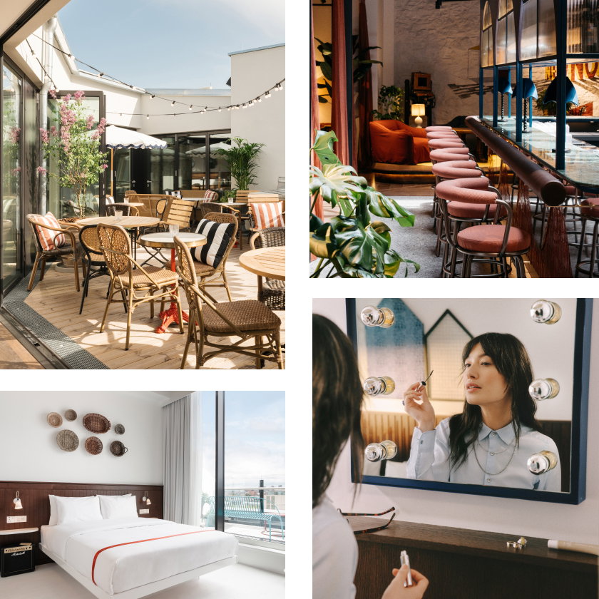 Views from Ruby Hotels, including a sunny patio, a bright room, and an elegant bar.