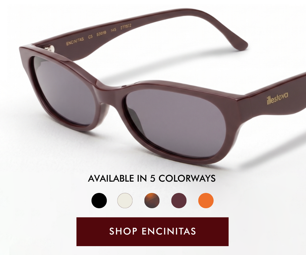 A studio product shot of the Encinitas sunglasses, viewed from an angle to showcase the gold 