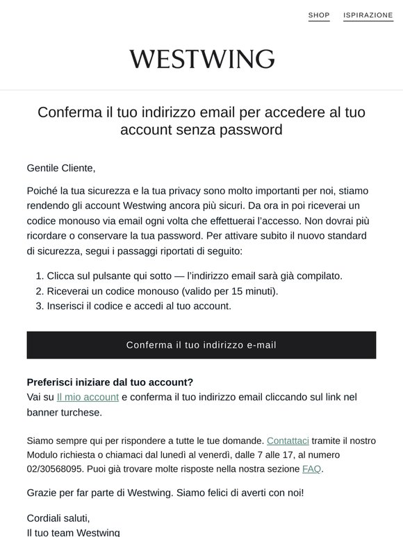 Nuovo, più sicuro Westwing — conferma il tuo indirizzo email