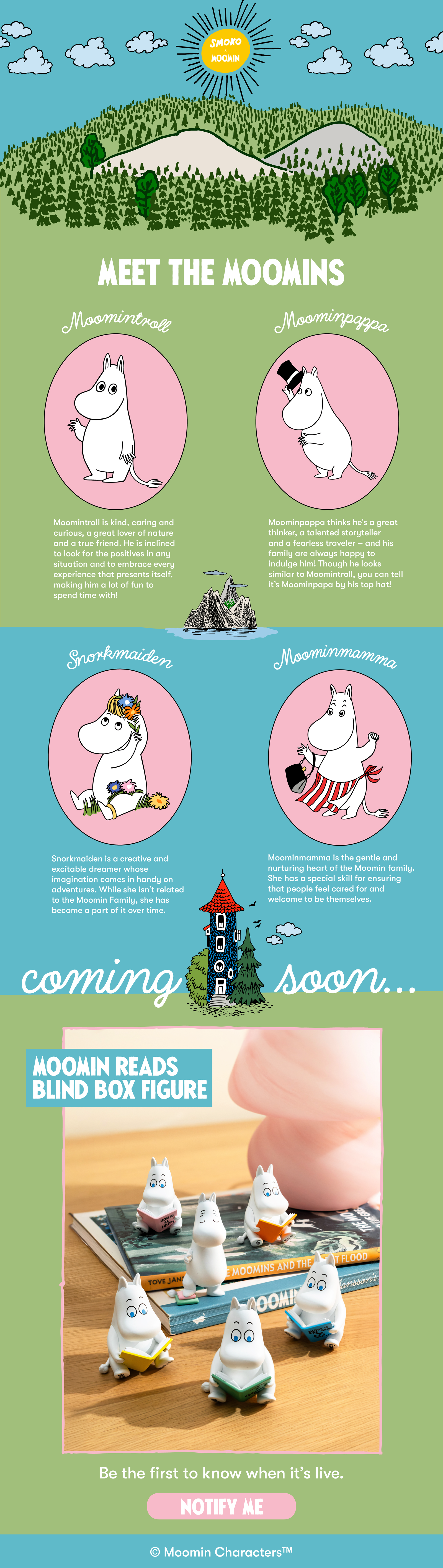 Image features Moomin Reads Blind Box with six variations of the blind box figure