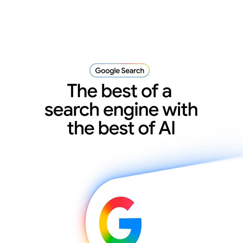 Google Search badge, text 'The best of a search engine with the best of AI,' and Google G logo.