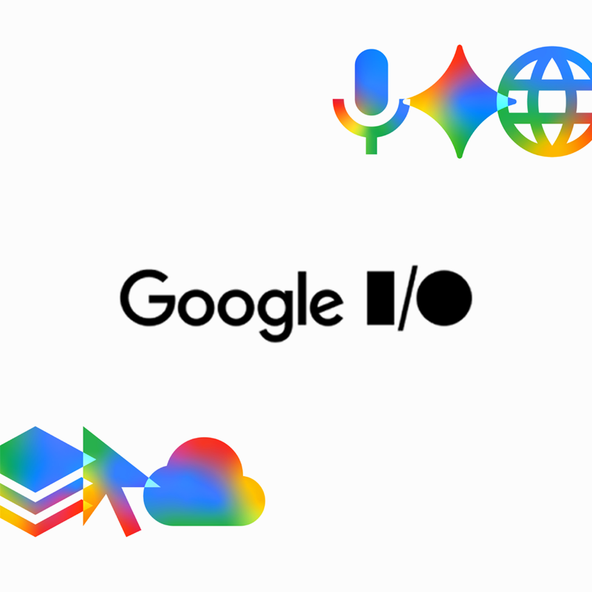 Google I/O logo surrounded by rainbow-gradient technology icons.