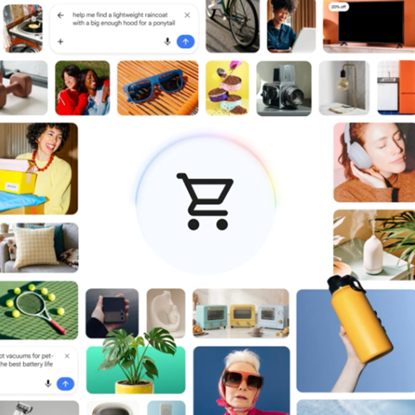 Collage of diverse lifestyle and product images surrounding a central shopping cart icon.