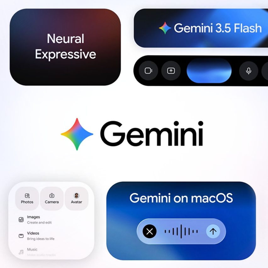Collage of Google Gemini UI elements featuring the star logo, Gemini 3.5 Flash banner, media menu, and macOS voice interface.