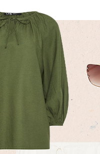 Khaki Green Long Sleeve Tie Front Linen Blouse