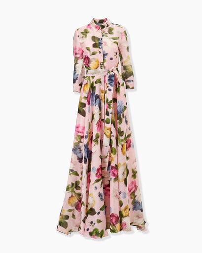 Floral-Print Trench Gown
