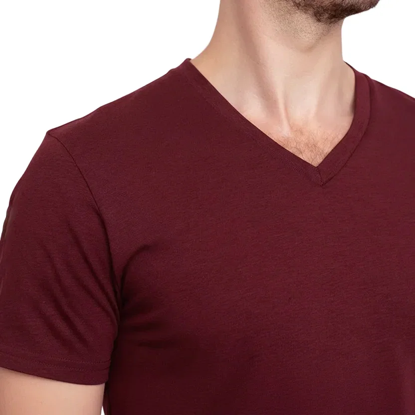 Image of The "VICTOR" Red Wine Cotton V-Neck Short Sleeve Tee - Made In USA