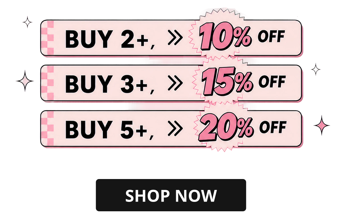 Promotional offer graphic titled 'SPECIAL DEAL!' in a pink comic-book style font. The image lists tiered discounts: Buy 2+ for 10% off, Buy 3+ for 15% off, and Buy 5+ for 20% off, with a black 'SHOP NOW' button at the bottom.