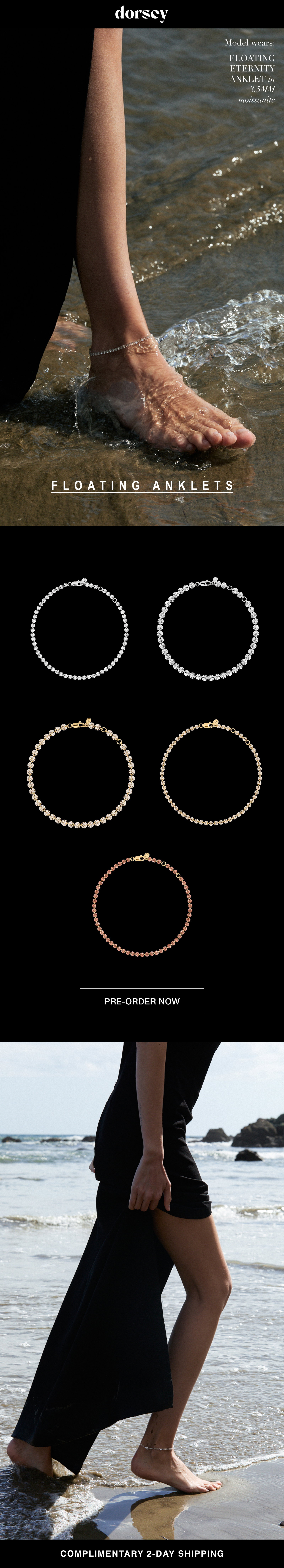 Floating anklets. Model wears Floating Eternity Anklet in 3.5MM moissainite. Pre-order the collection now. Ships with complimentary 2-day shipping.