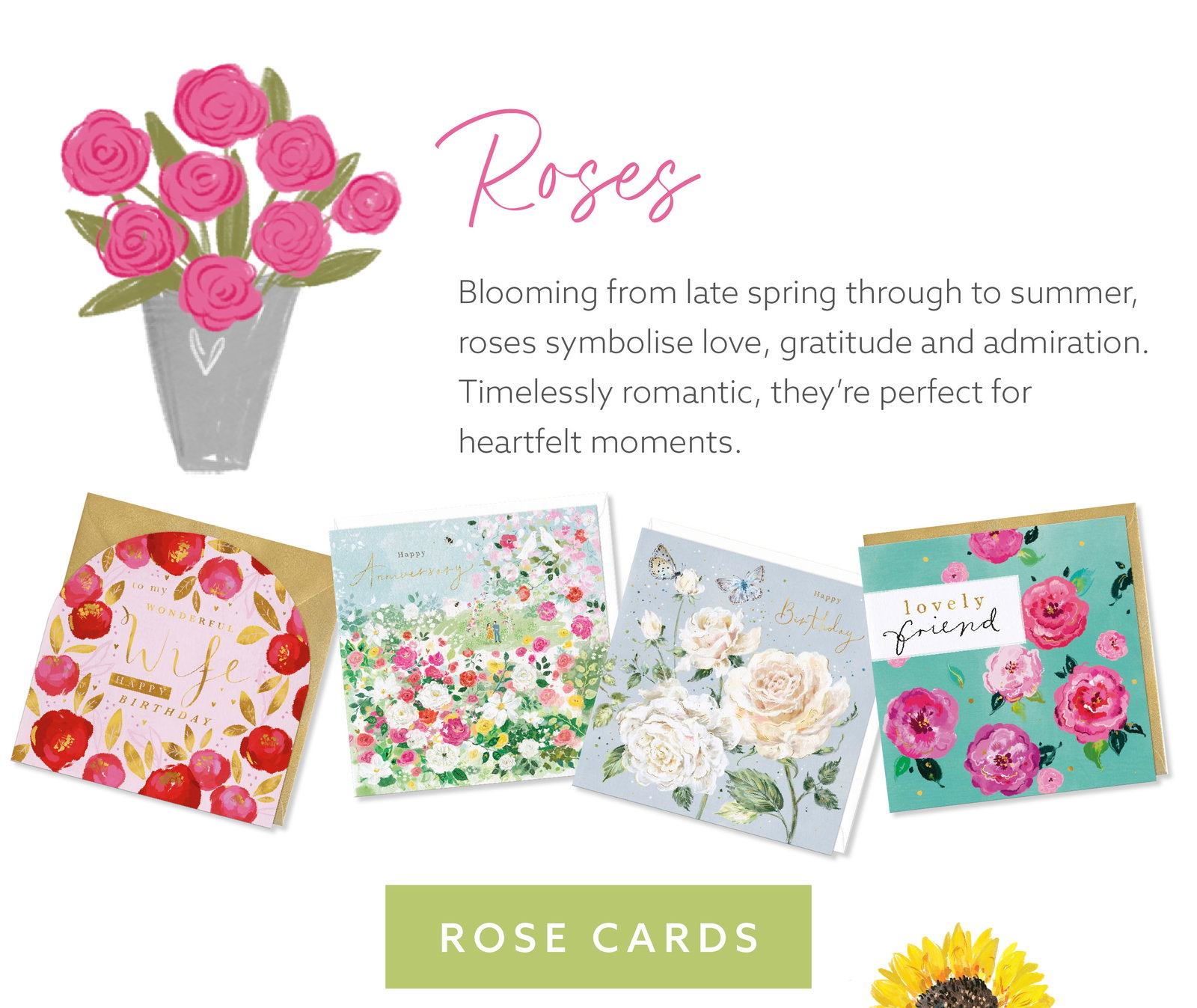 Collection of rose themed Whistlefish greeting cards with illustrated pink roses and romantic floral artwork.