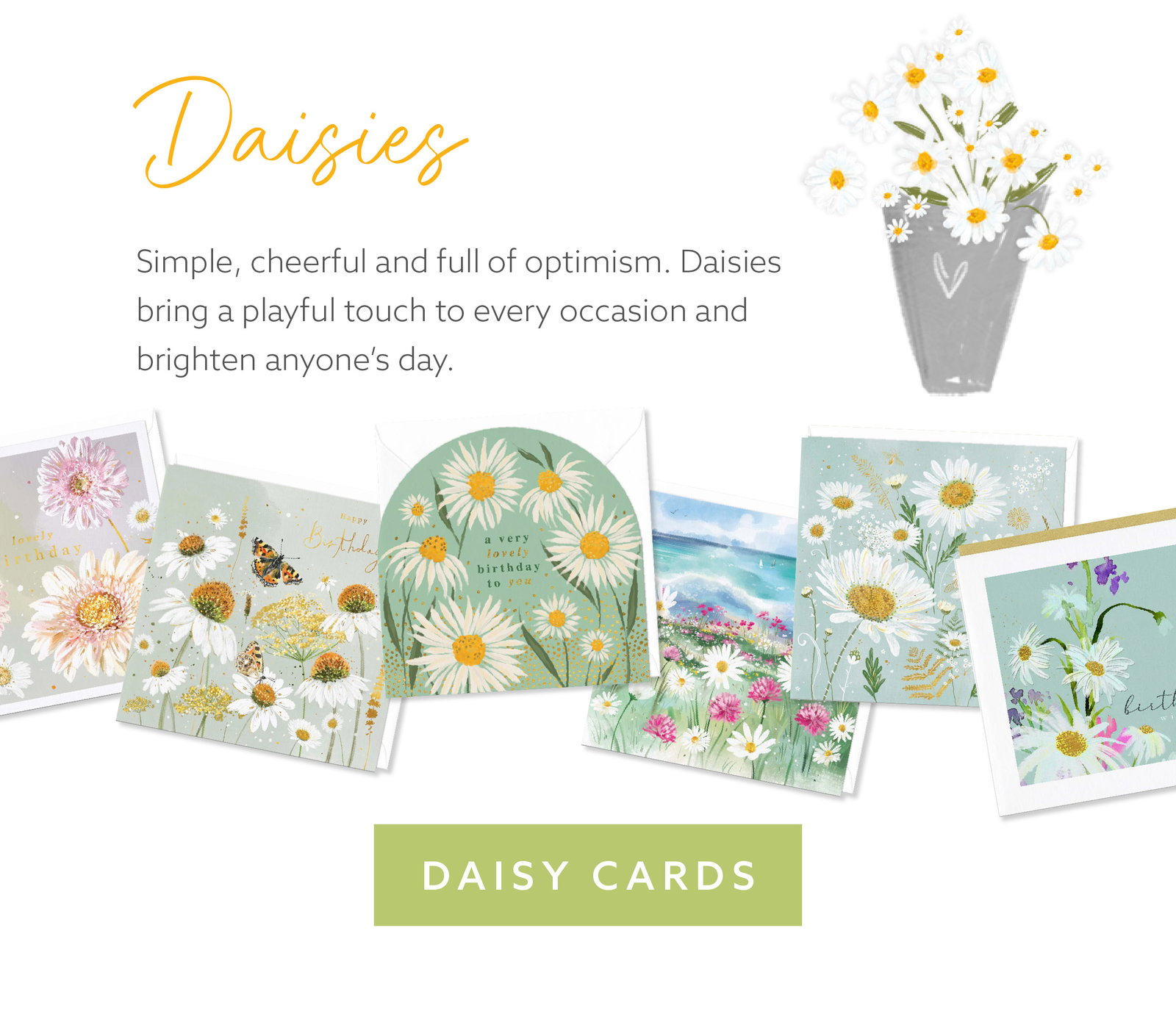 Daisy themed Whistlefish greeting cards with delicate white blooms, meadow florals and soft spring colours.