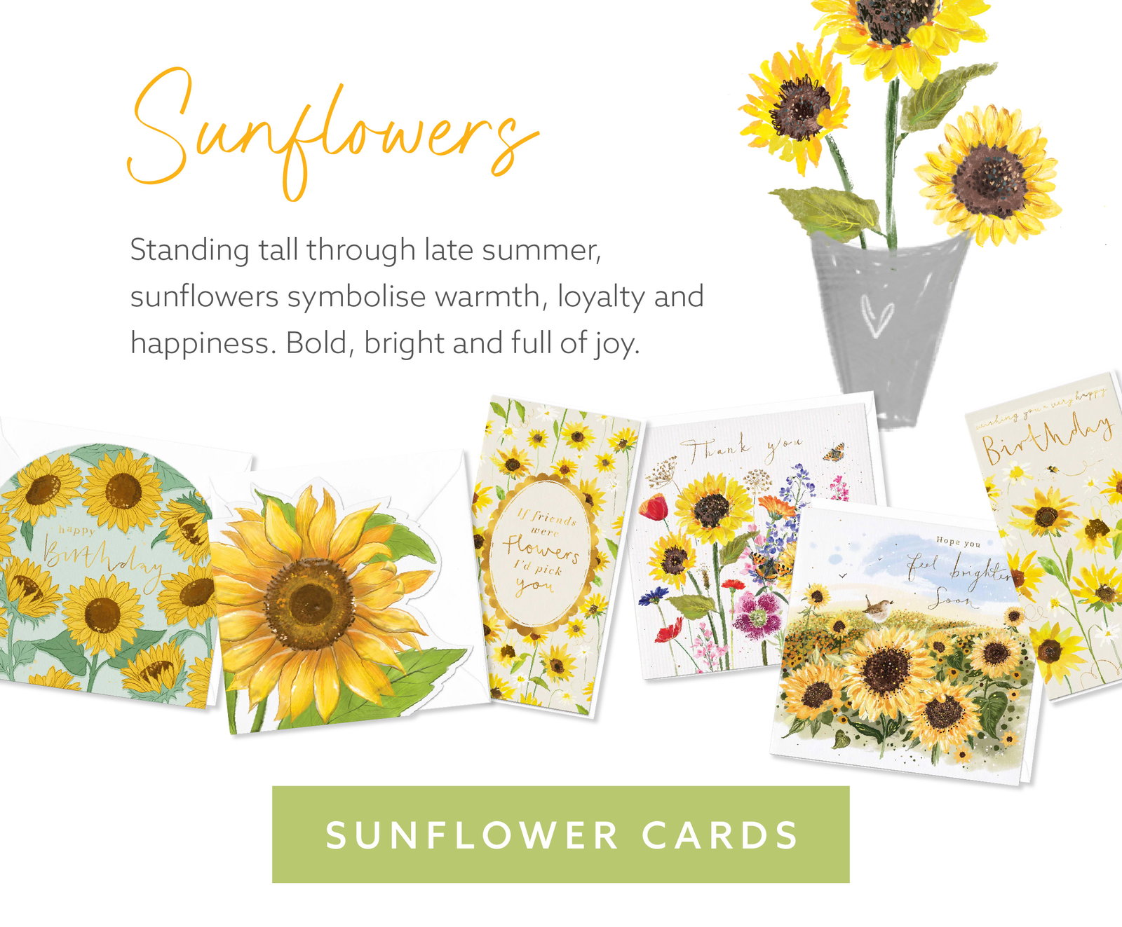 Sunflower themed greeting cards featuring bright yellow floral illustrations inspired by summer gardens and cheerful moments.