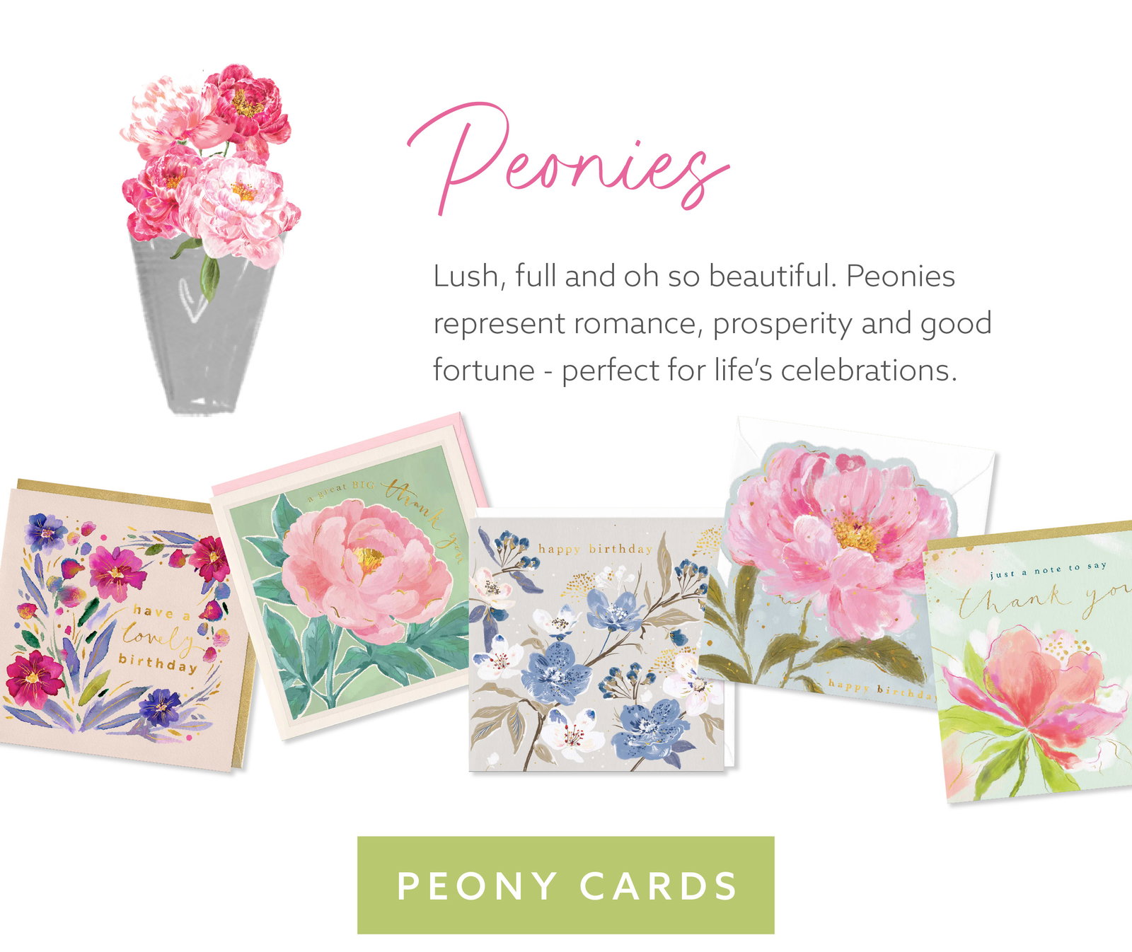 Selection of peony greeting cards with soft pink floral artwork and painterly botanical illustrations for thoughtful occasions.