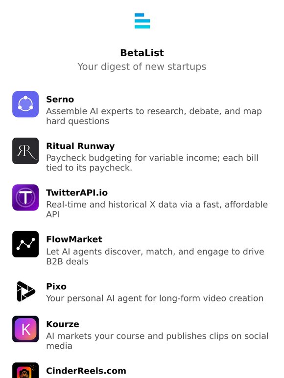 Serno, Ritual Runway, TwitterAPI.io, FlowMarket, Pixo, and more