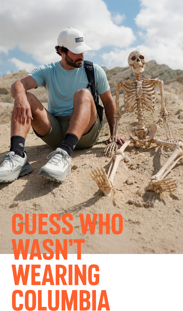 Guess who wasn't wearing Columbia. Hiker next to fake skeleton