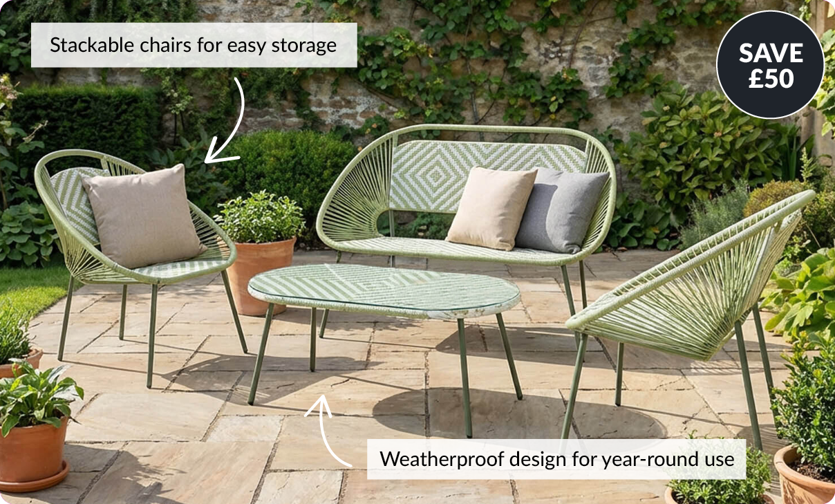 Save £50. Stackable chairs for easy storage. Weatherproof design for year-round use.