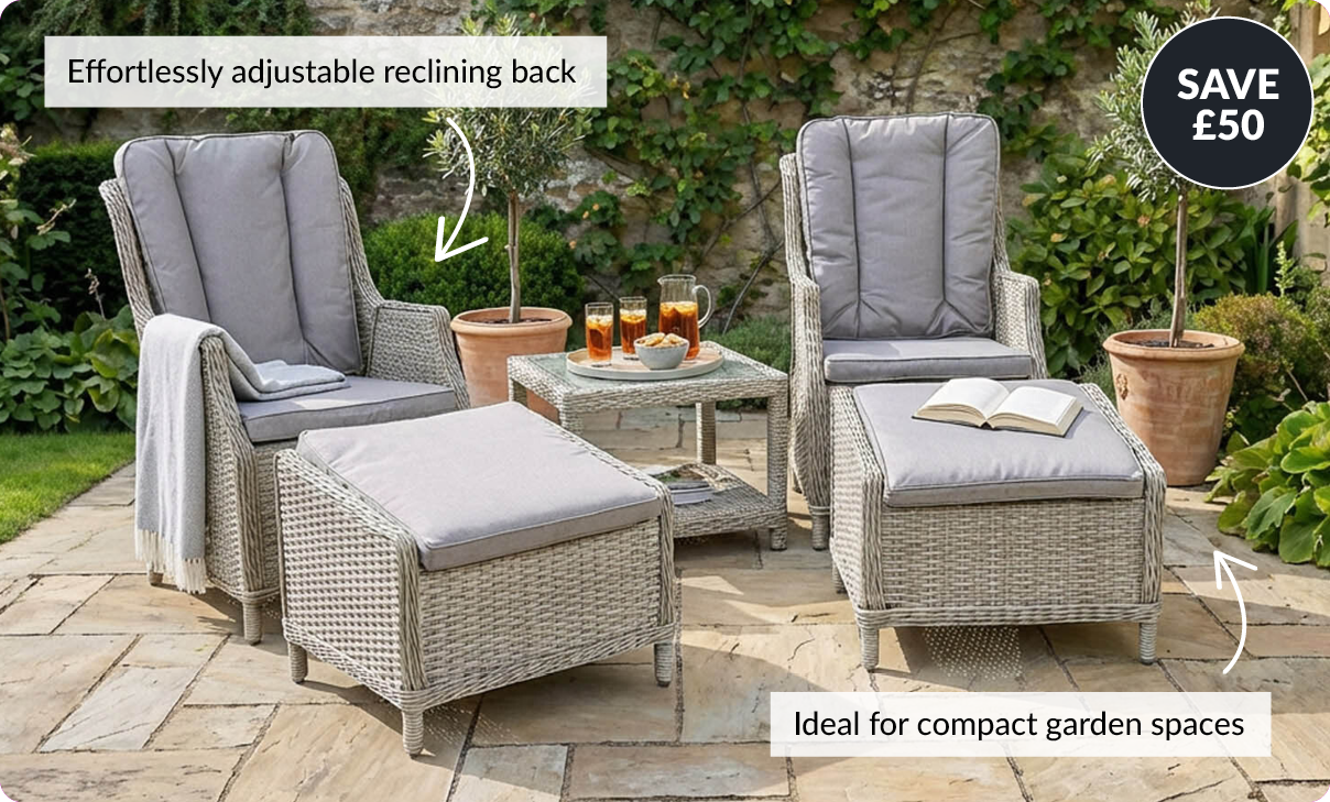 Save £50 Effortlessly adjustable reclining back. Ideal for compact garden spaces.
