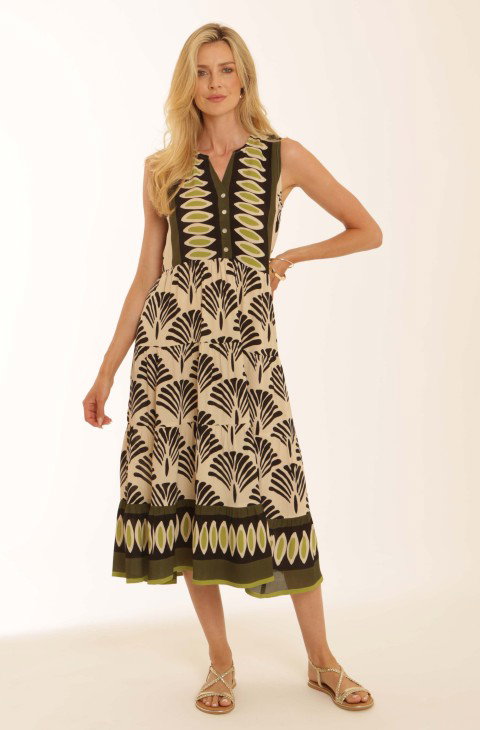 Ladies Pomodoro Border Print Sleeveless Midi Dress