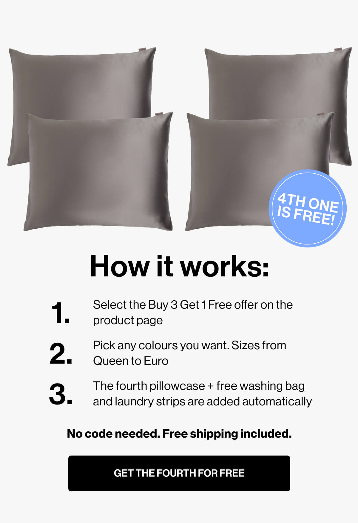 4TH ONE | IS FREE | How it works | 1 | Select the Buy 3 Get 1 Free offer on the | product page | 2 | Pick any colours you want | Sizes from | Queen to Euro | 3 | The fourth pillowcase + free washing bag | and laundry strips are added automatically | No code needed | Free shipping included | GET THE FOURTH FOR FREE