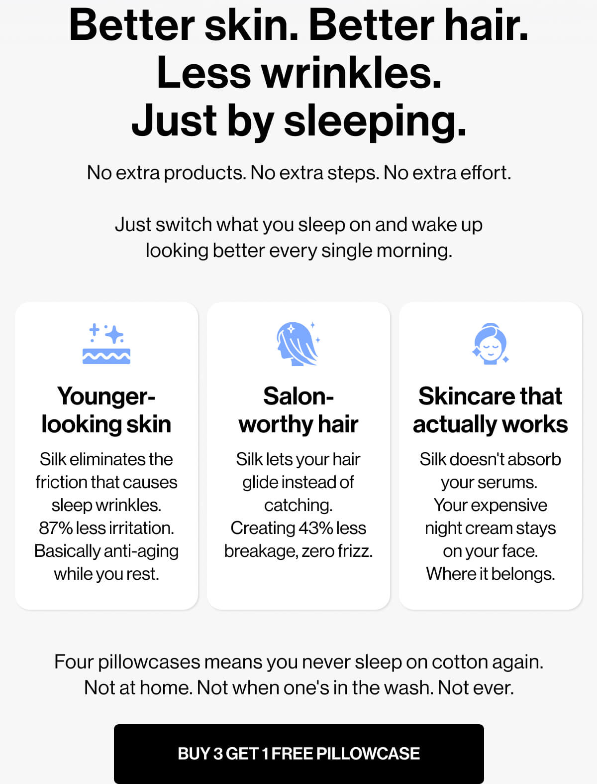 Better skin | Better hair | Less wrinkles | Just by sleeping | No extra products | No extra steps | No extra effort | Just switch what you sleep on and wake up | looking better every single morning | Younger- | looking skin | Silk eliminates the | friction that causes | sleep wrinkles | 87% less irritation | Basically anti-aging | while you rest | Salon- | worthy hair | Silk lets your hair | glide instead of | catching | Creating 43% less | breakage, zero frizz | Skincare that | actually works | Silk doesn't absorb | your serums | Your expensive | night cream stays | on your face | Where it belongs | Four pillowcases means you never sleep on cotton again | Not at home | Not when one's in the wash | Not ever | BUY 3 GET 1 FREE PILLOWCASE