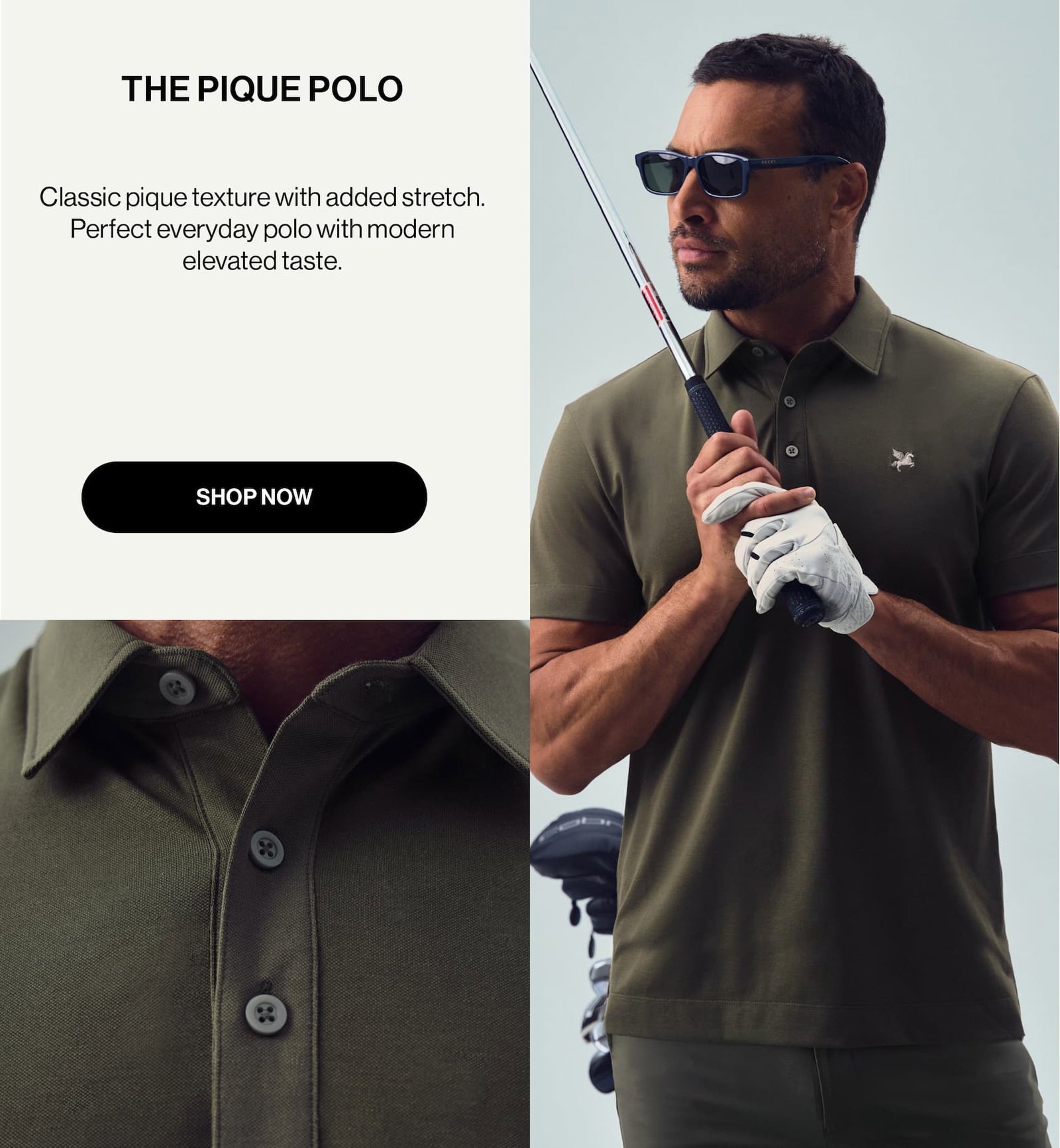 Classic pique texture with added stretch. Perfect everyday polo with modern elevated taste.
