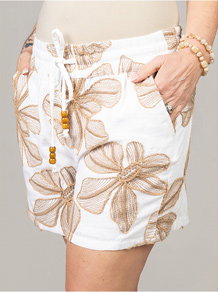 Embroidered Linen Shorts with Beaded Tie