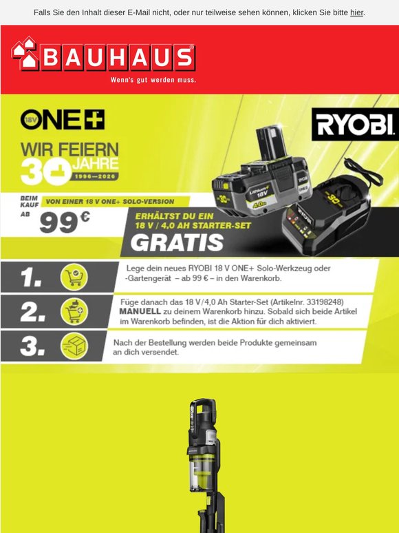 RYOBI: 30 Jahre 18 V ONE+ – Starter-Set gratis sichern
