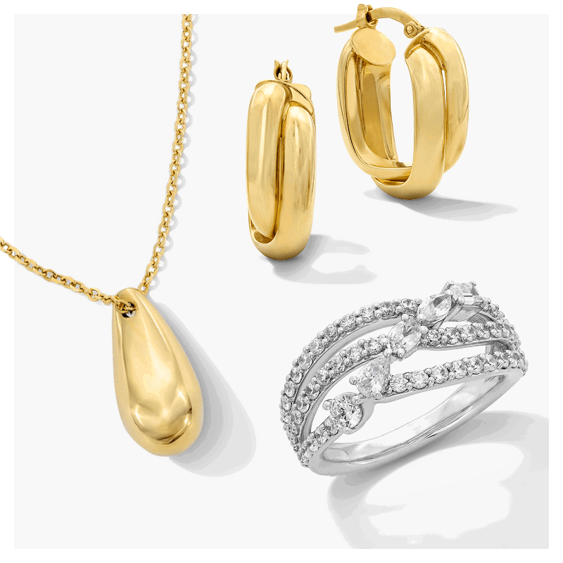 Gold pendant necklace, gold hoop earrings, and white gold diamond ring. 