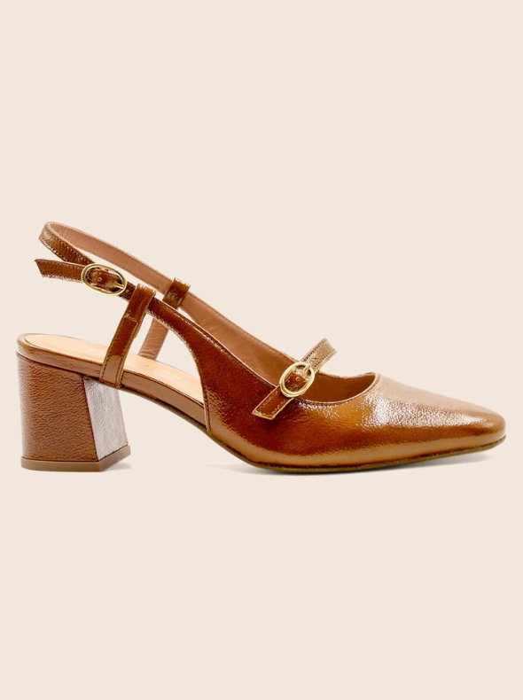 Escarpins slingback cuir vernis cognac